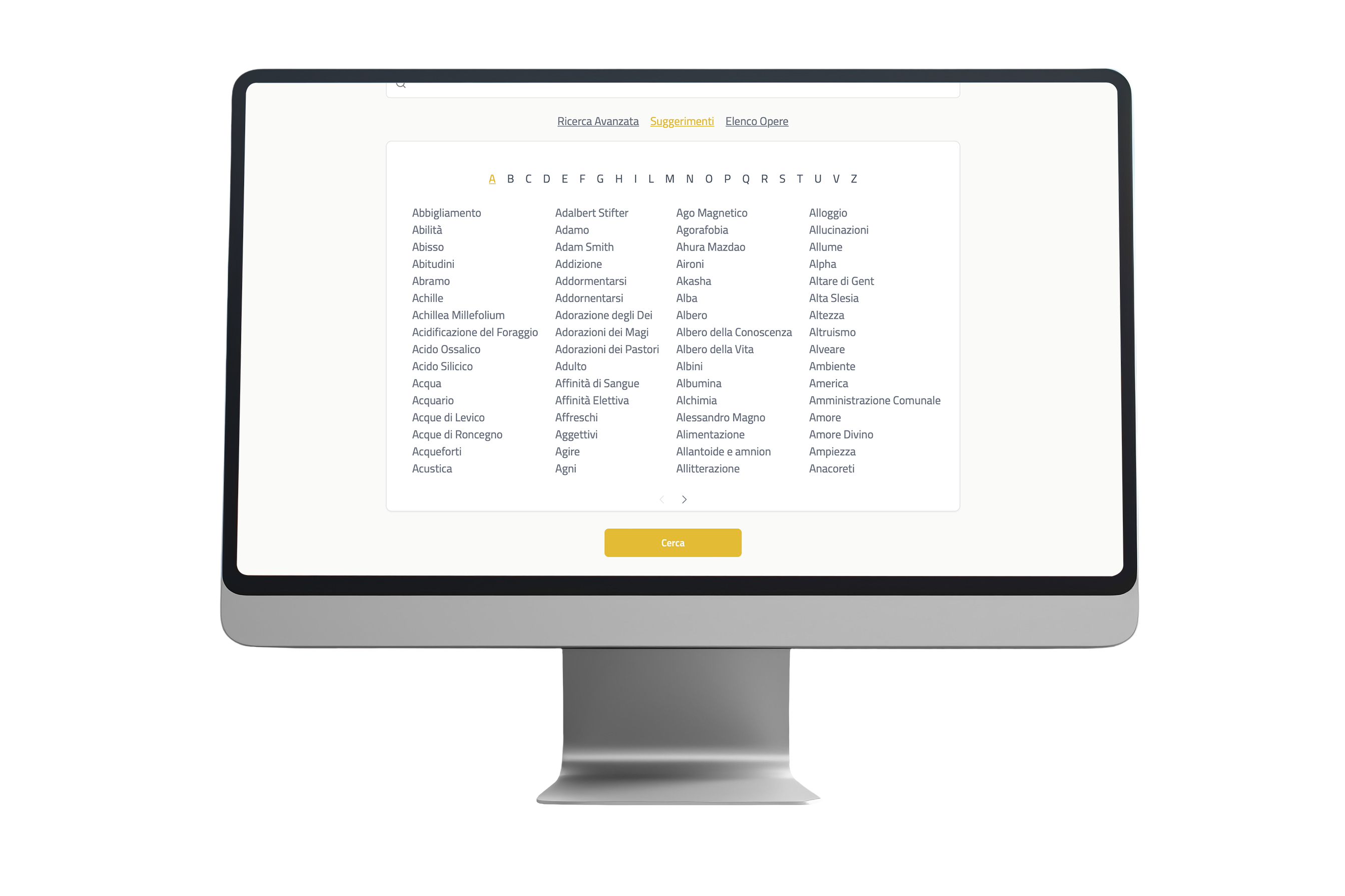 Schermata dei suggerimenti di ricerca alfabetici